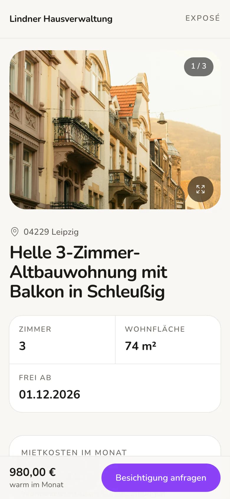 Öffentliche Exposé-Seite der 3-Zimmer-Wohnung in Leipzig-Schleußig auf dem Smartphone mit Fotos, Miete, Fläche und Kontaktformular.
