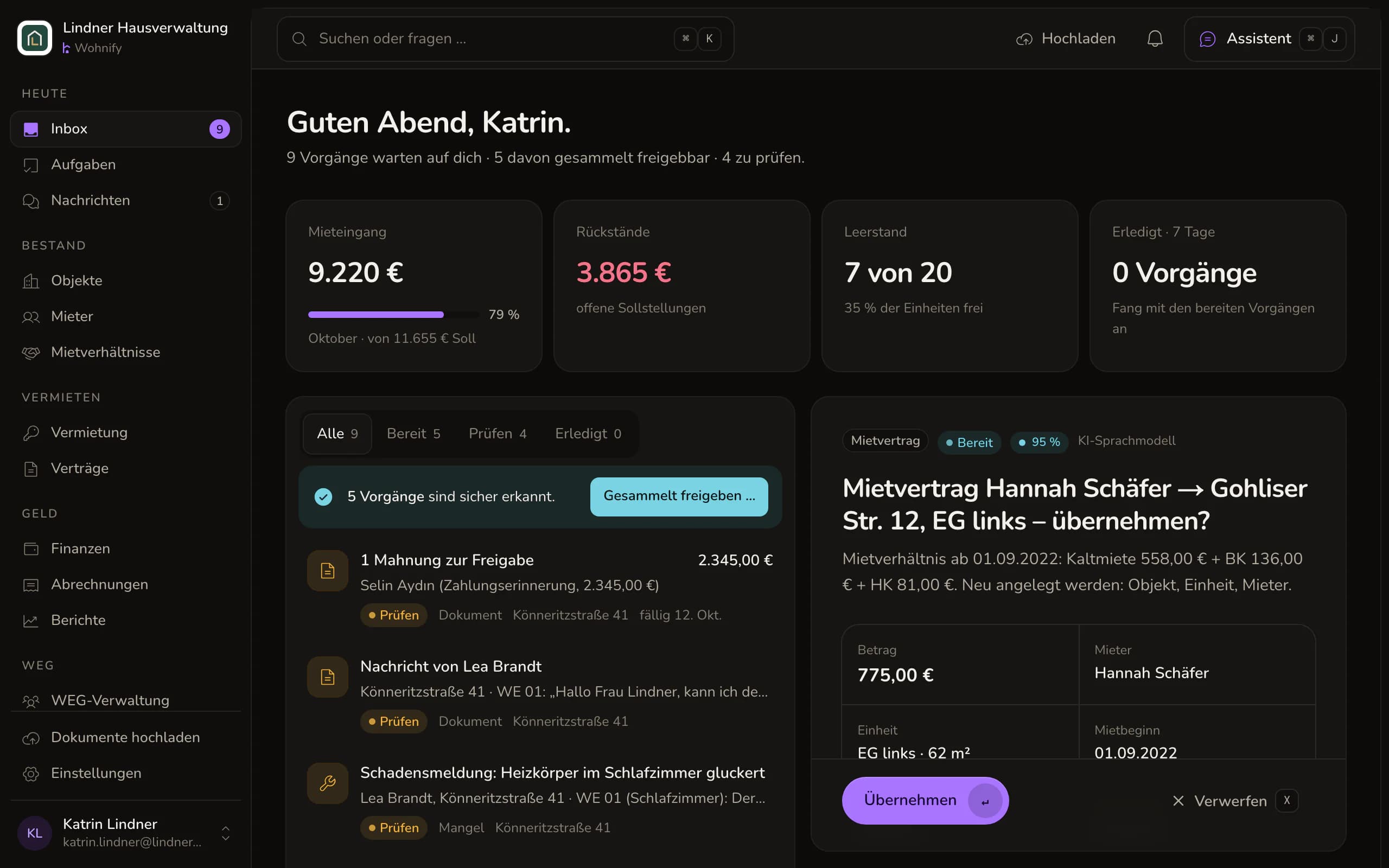 Wohnify-Inbox: links offene Vorgänge wie erkannte Mietverträge, eine Schadensmeldung und eine Mahnung zur Freigabe, rechts ein erkannter Mietvertrag mit Feldern, Sicherheit und der Schaltfläche zum Übernehmen.