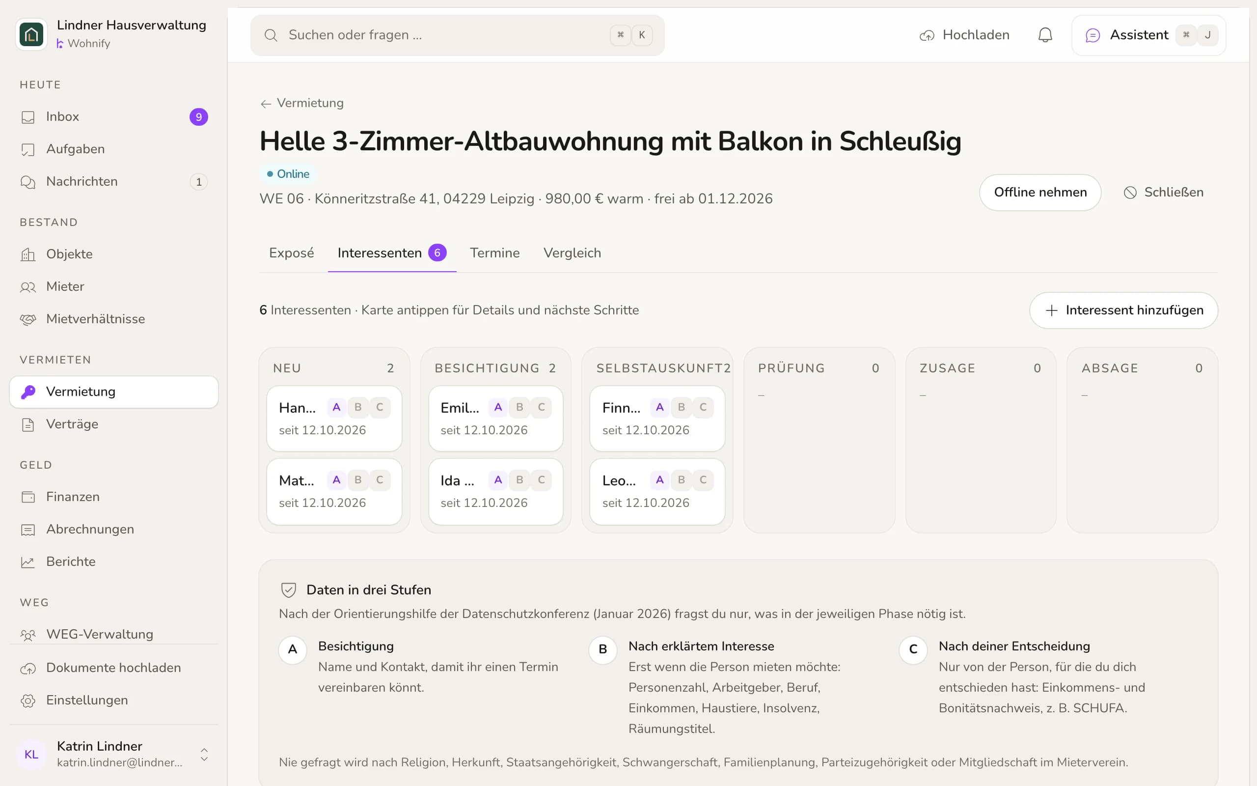 Inserat für eine 3-Zimmer-Wohnung in Leipzig-Schleußig mit Interessenten in den Phasen neu, Besichtigung und Selbstauskunft.