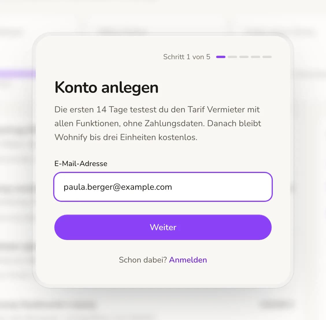 Registrierung bei Wohnify, erster Schritt: nur das Feld für die E-Mail-Adresse und der Knopf Weiter.