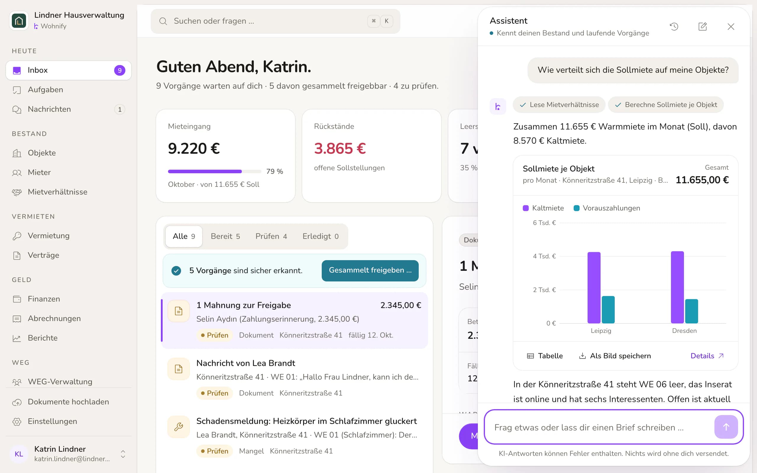Der Assistent beantwortet die Frage nach der Sollmiete je Objekt mit einer kurzen Antwort und einem Balkendiagramm für Könneritzstraße 41 und Bischofsweg 18.
