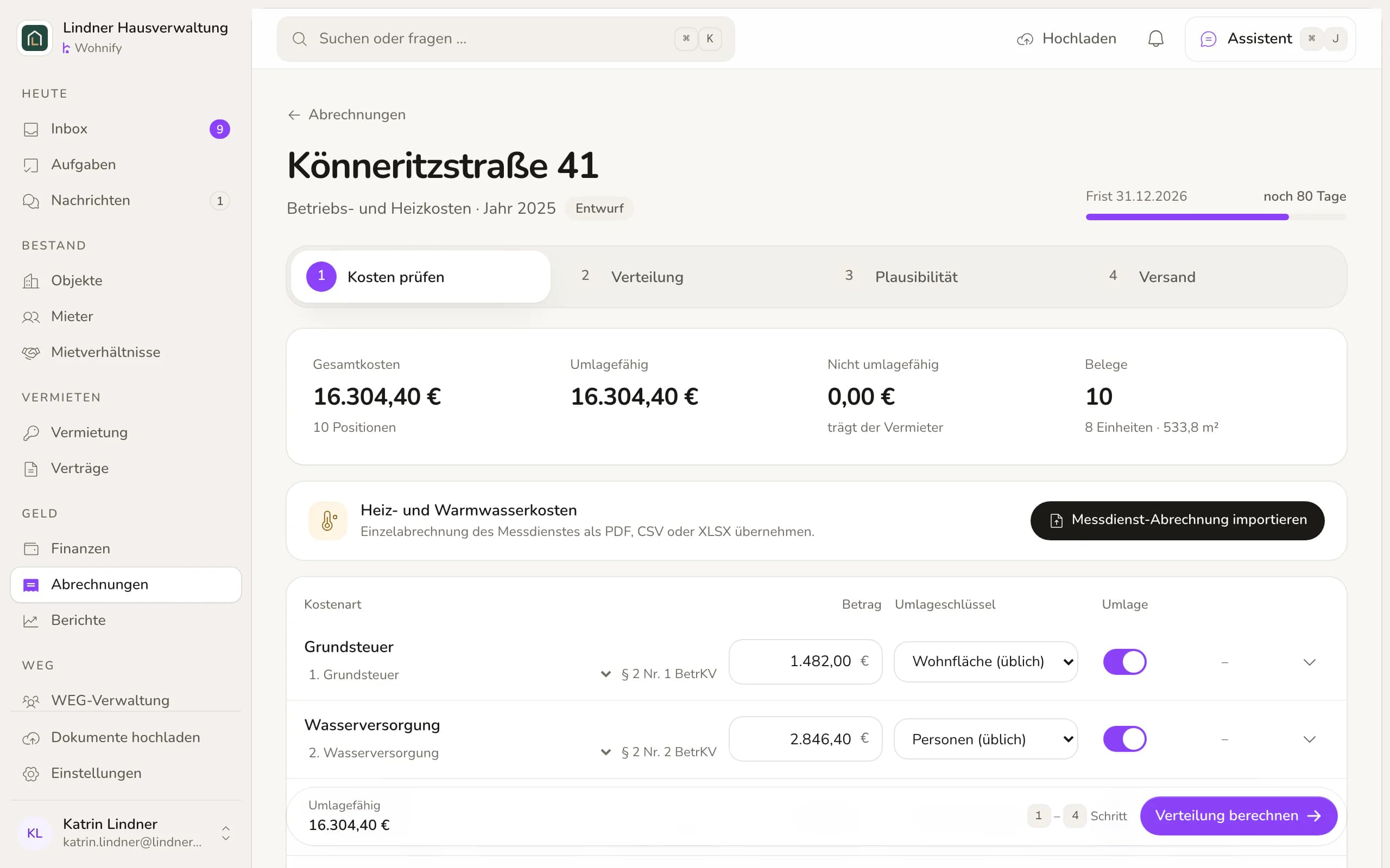 Assistent für die Nebenkostenabrechnung des Vorjahres: Kostenarten aus den gebuchten Rechnungen mit Umlageschlüssel und Beträgen.