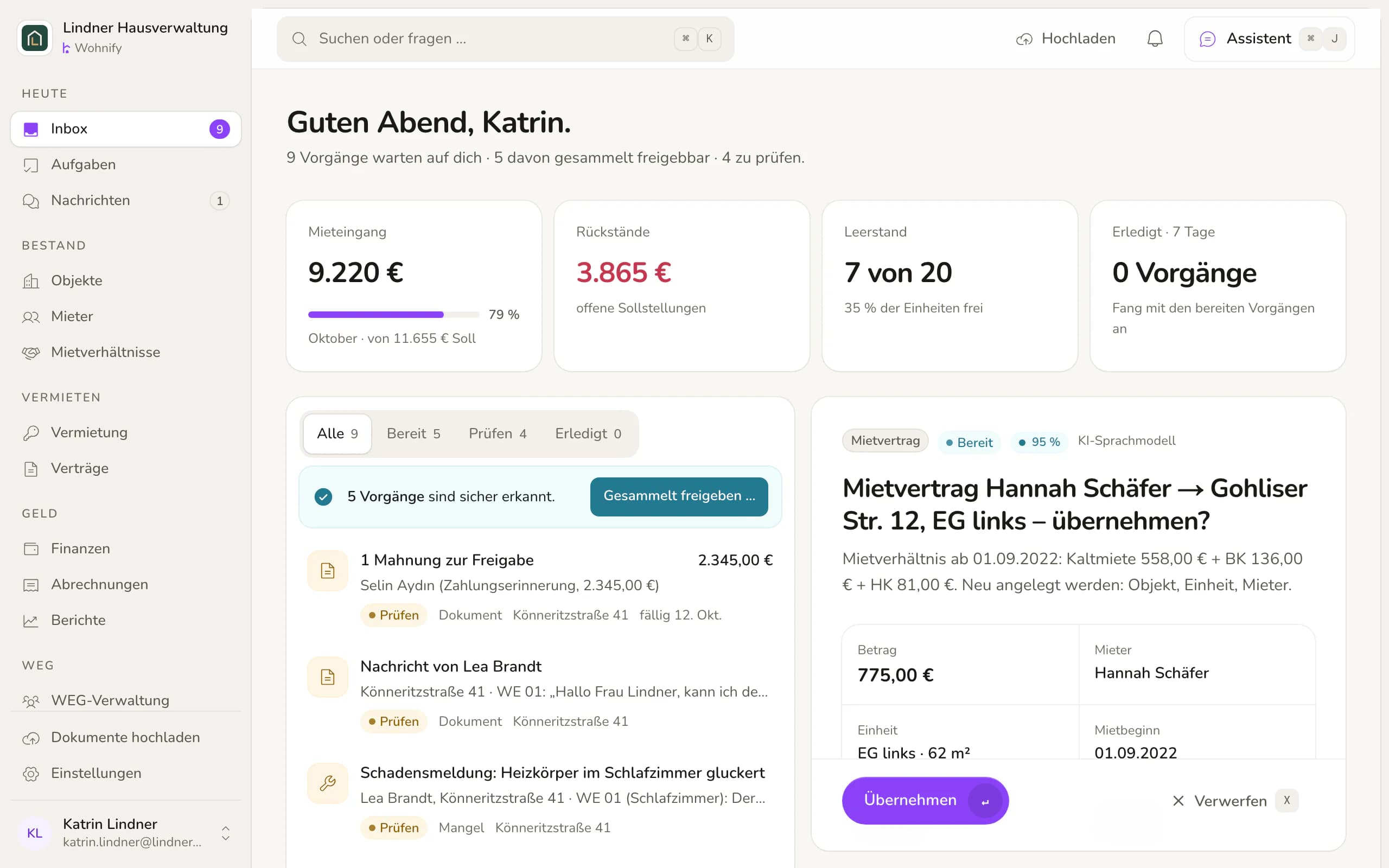 Wohnify-Inbox: links offene Vorgänge wie erkannte Mietverträge, eine Schadensmeldung und eine Mahnung zur Freigabe, rechts ein erkannter Mietvertrag mit Feldern, Sicherheit und der Schaltfläche zum Übernehmen.