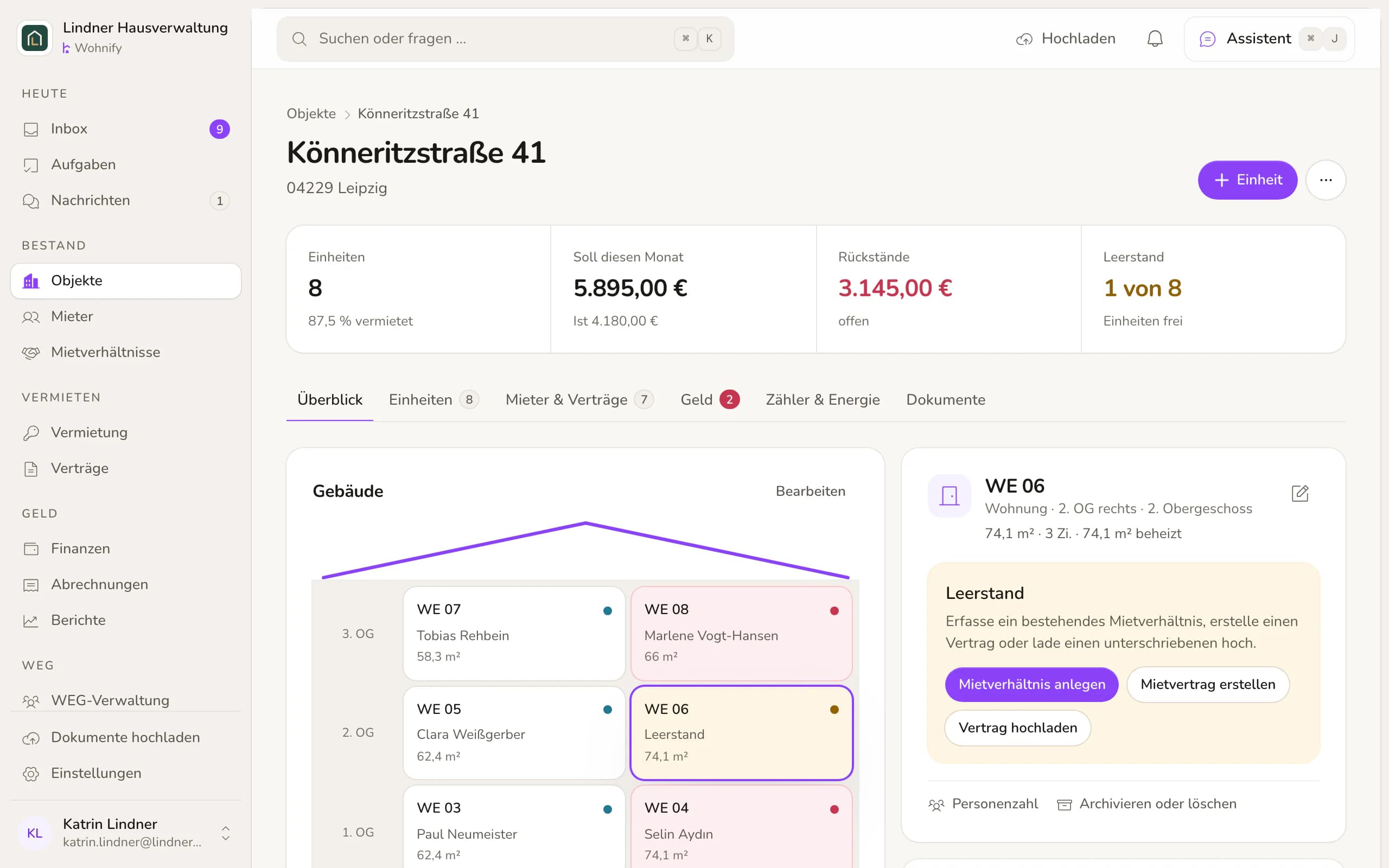 Objektakte Könneritzstraße 41 in Leipzig mit Kennzahlen zu Einheiten, Leerstand und Sollmiete sowie Registerkarten für Einheiten, Mieter, Geld und Zähler.