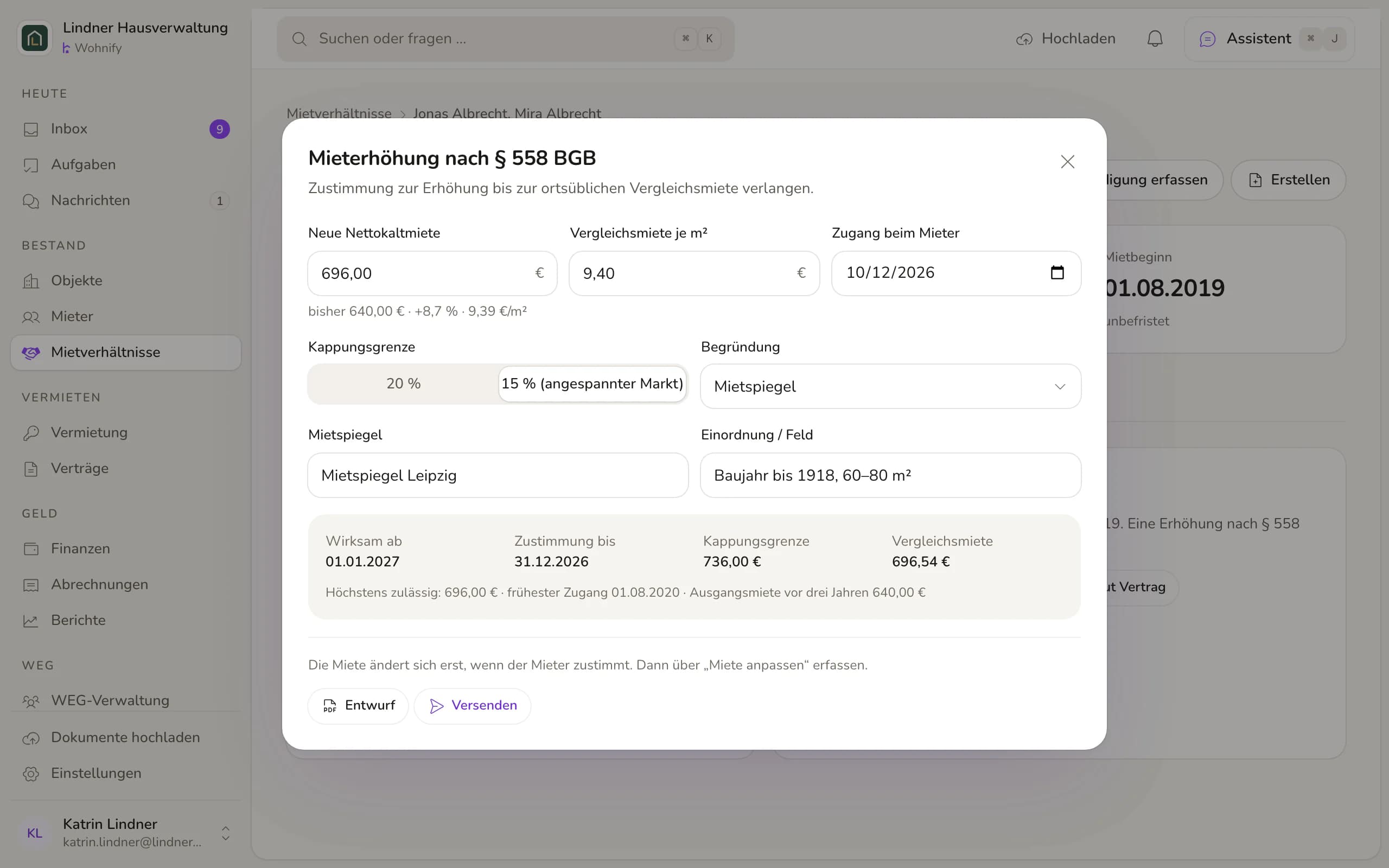 Dialog für eine Mieterhöhung nach § 558 BGB: neue Kaltmiete, Vergleichsmiete je m², Kappungsgrenze 15 %, Begründung mit Mietspiegel und die Prüfung mit Wirksamkeitsdatum und Zustimmungsfrist.